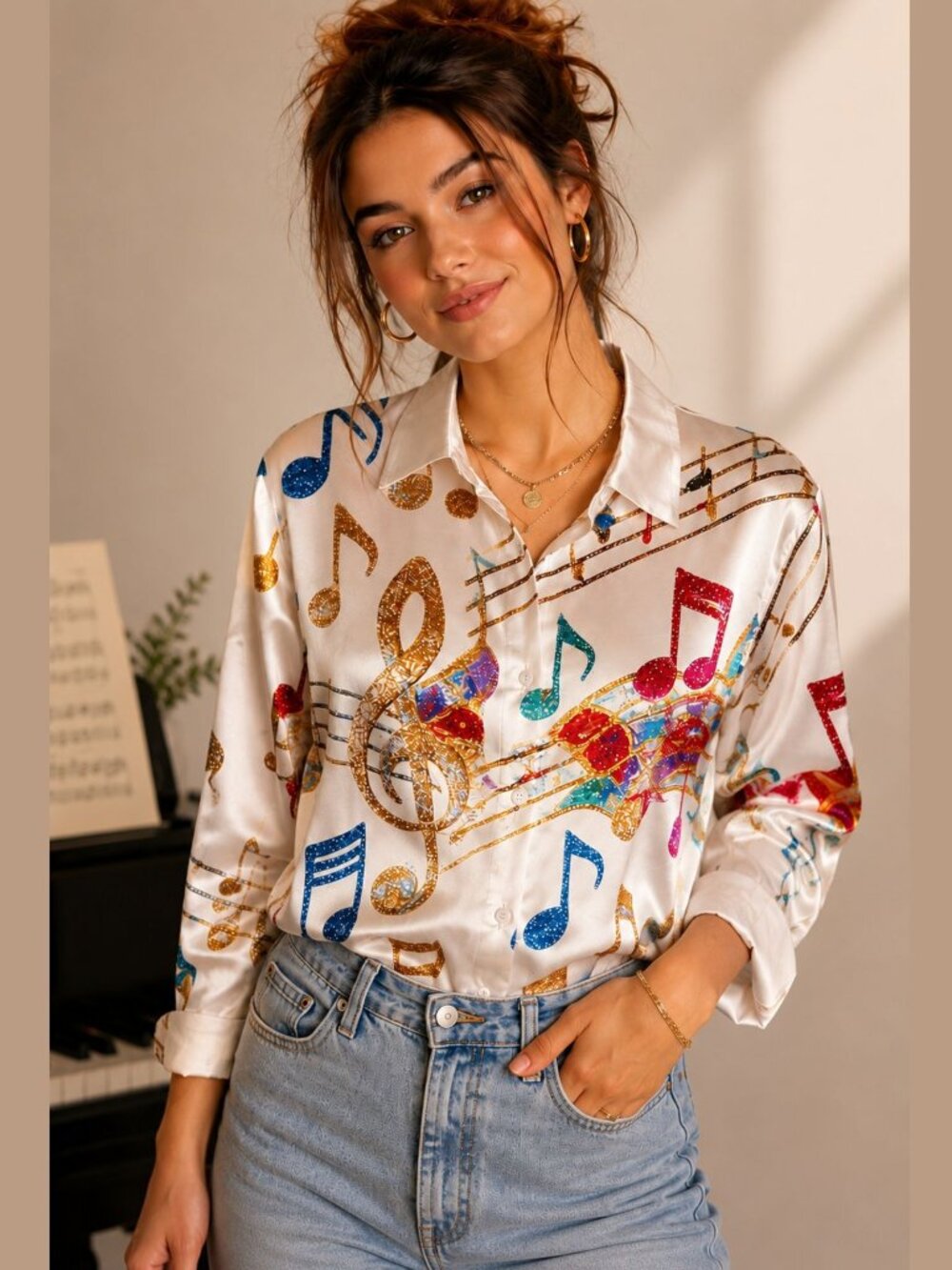 Music Notes Blouse Womens S White Satin Button Front Artsy Statement Shirt
